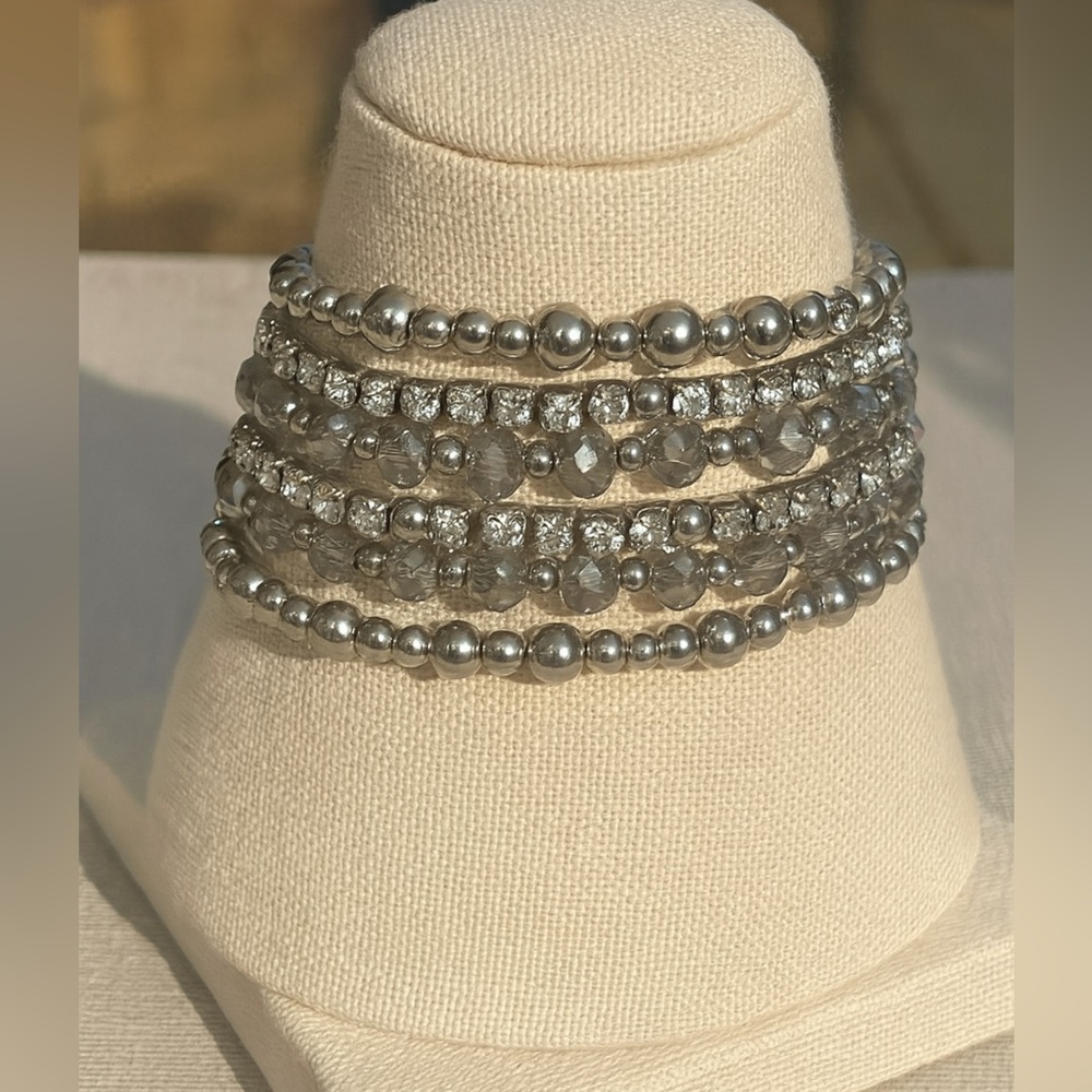 Vintage Y2K Womens Chunky Silver Beaded Rhinestone Slinky Wrap Bracelet Glam 90s